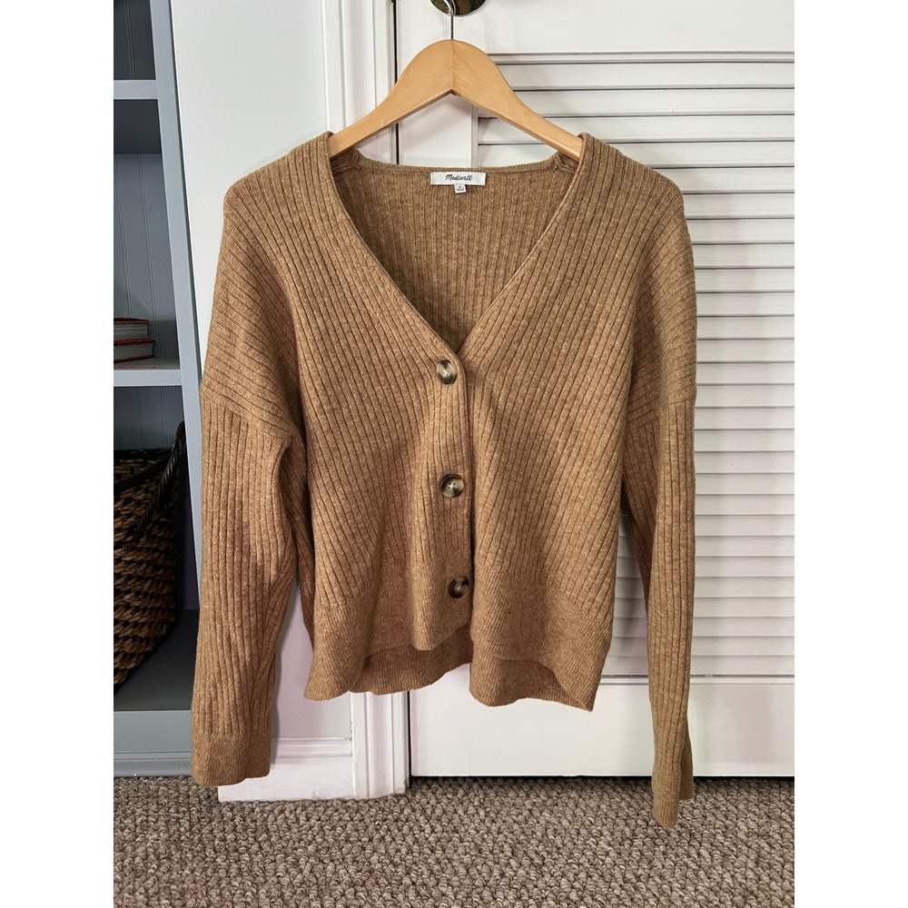 Madewell Tan Cardigan Sweater Wool Alpaca Blend Ribbed Minimalist Earthy Size M